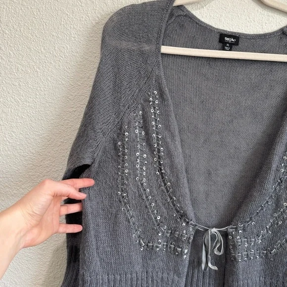VTG Y2K Mossimo Womens XL Mohair Blend Front Tie Sequin Ribbon‎ Cardigan Preppy - Picture 3 of 11